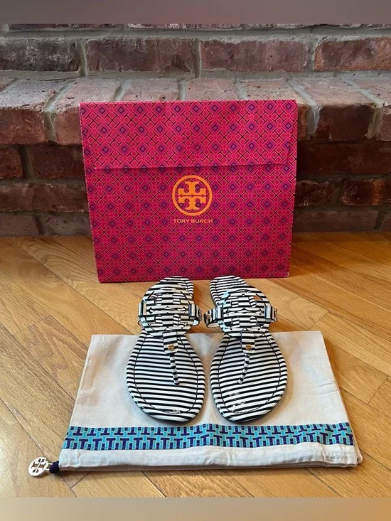 Tory Burch Navy & White Striped Patent Leather Miller Sandals - Picture 3 of 10